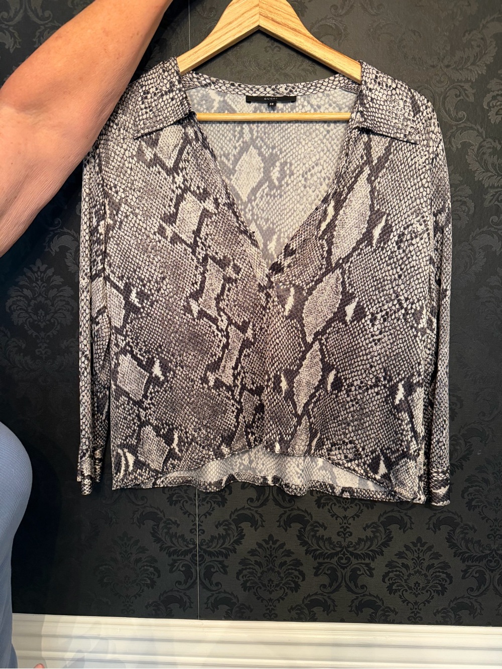 Gucci Blue and White Snake-Pattern V-Neck Blouse